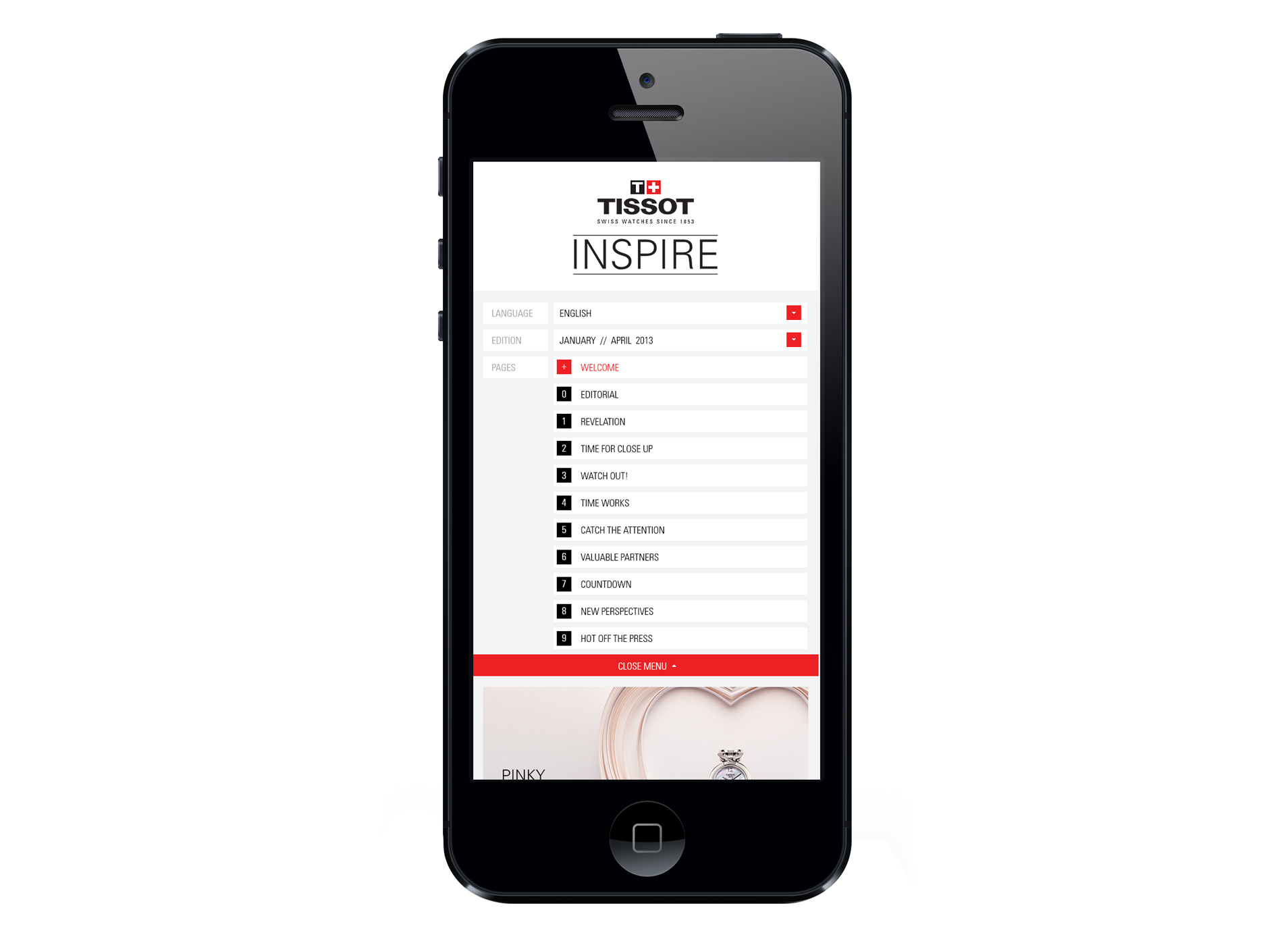Visuel du menu sur smartphone