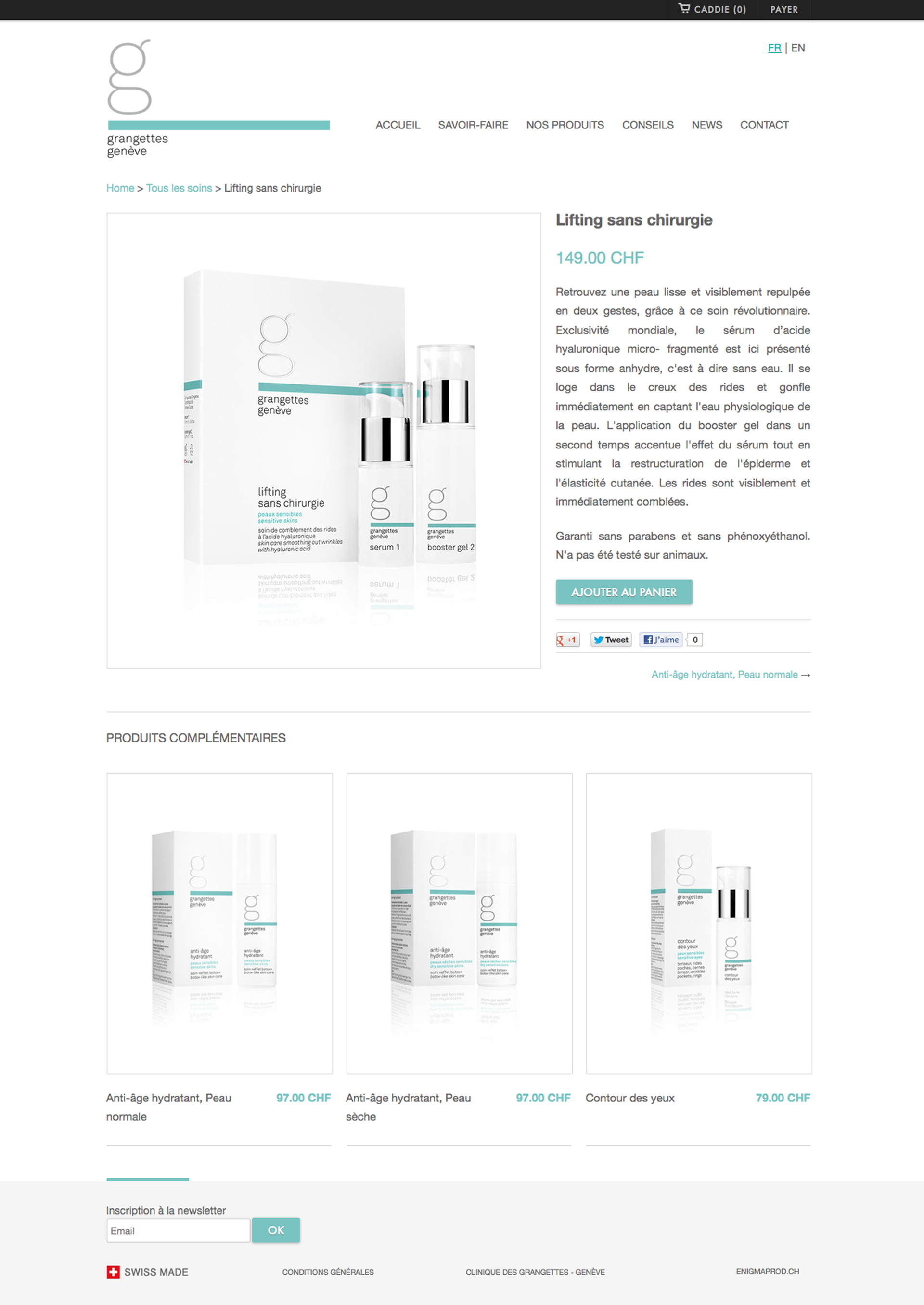 Aperçu de page produit du site de e-commerce grangettes avec détails