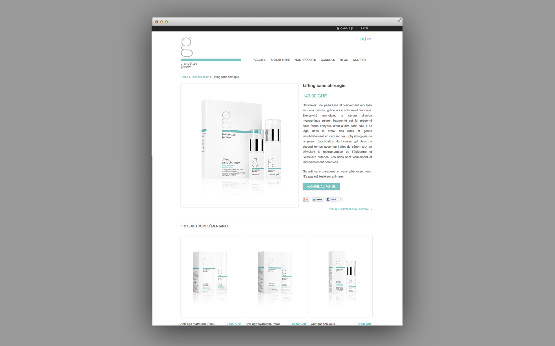 Aperçu de page produit du site de e-commerce grangettes